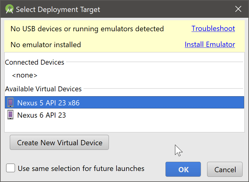 "No emulator installed" error in Android Studio even