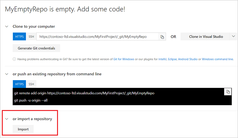 Azure Devops Importing git repo from another organization links to