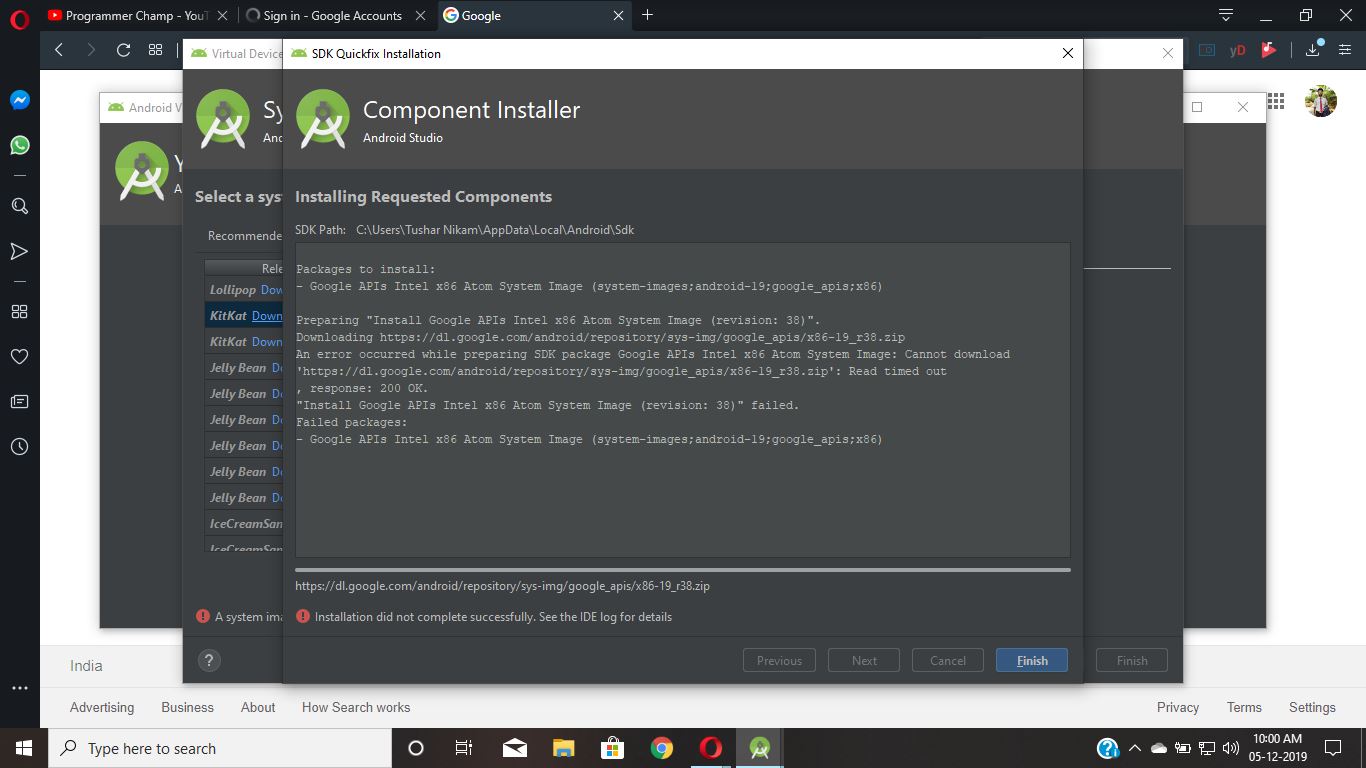 Android studio AVD Manager emulator failed to download in windows 10 it