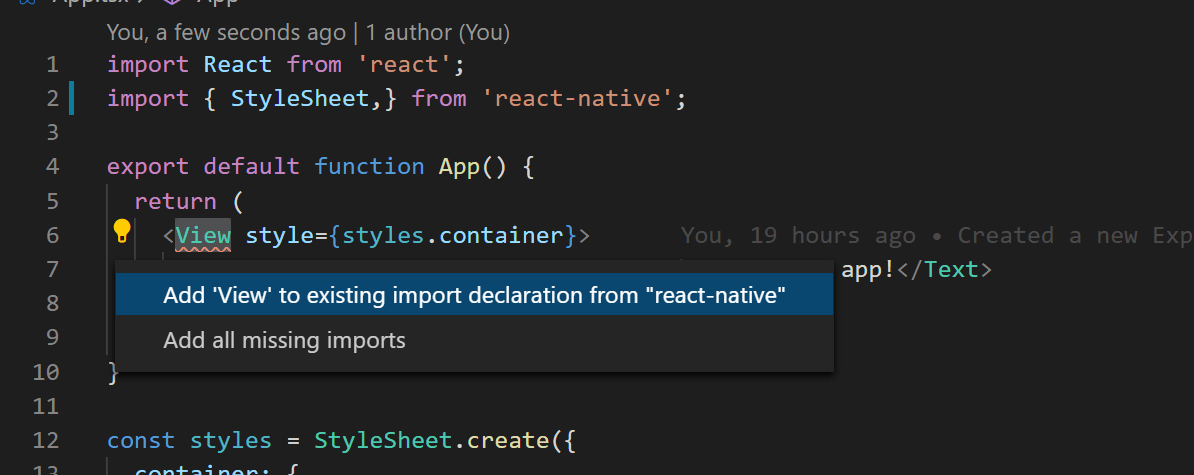 reactjs Expo cannot auto import Reactnative on Visual
