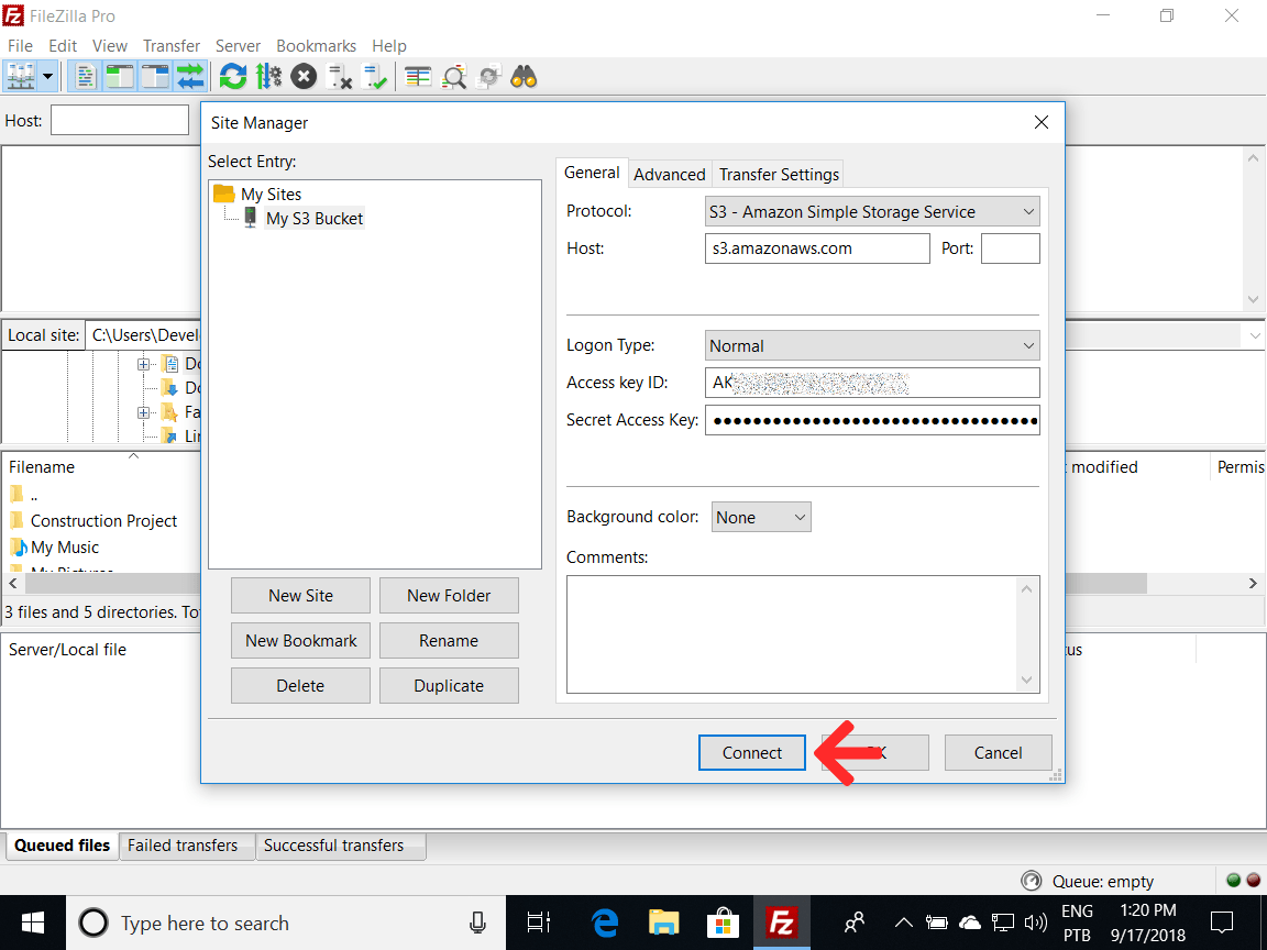 amazon s3 How to setup Filezilla Pro to access to my s3 bucket