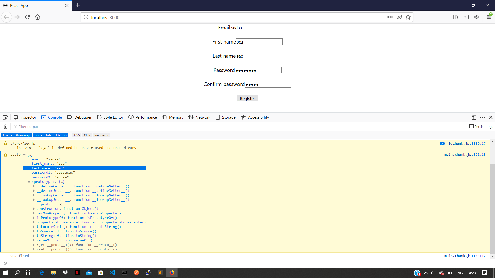 reactjs state undefined while sending post request from react app