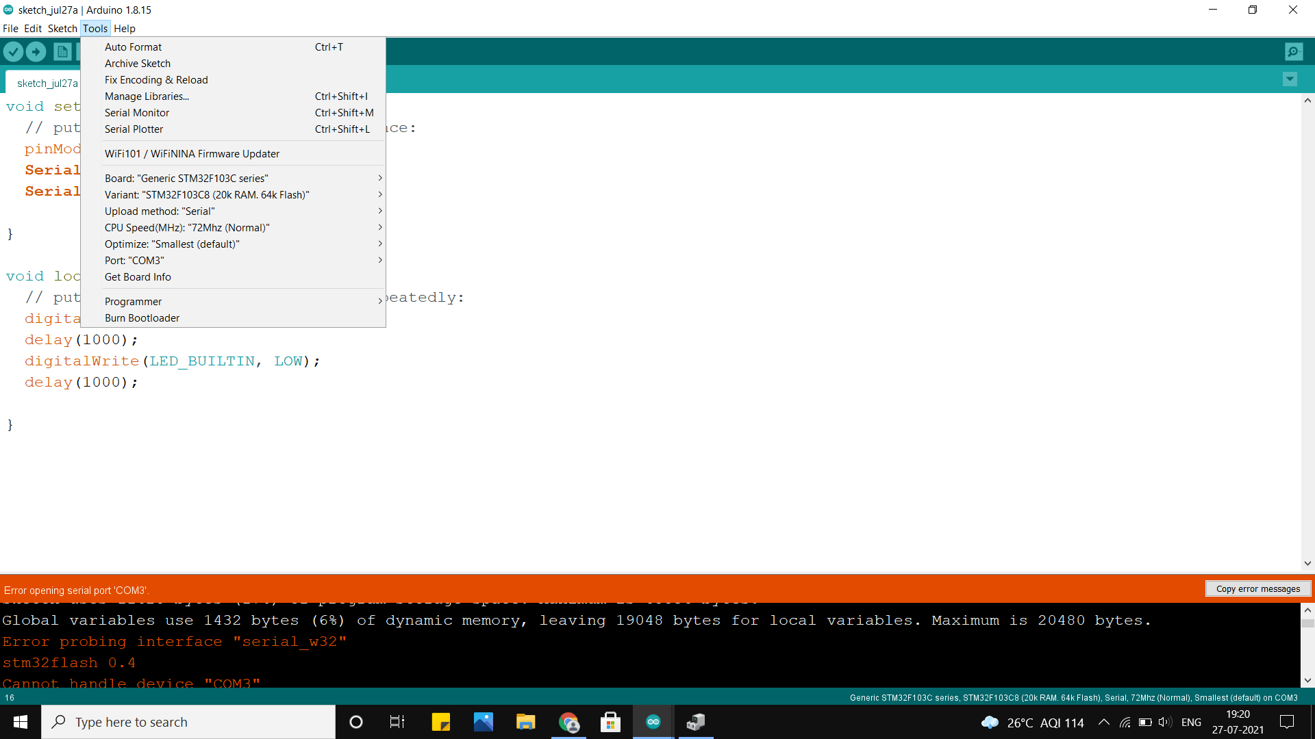 arduino Trouble connecting the STM32 blue pill Cannot open COM3