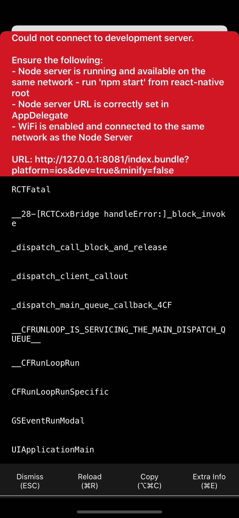 ios Could not connect to development server. Error while running