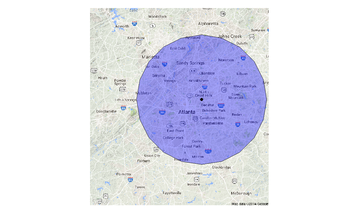 r ggmap create circle symbol where radius represents distance (miles