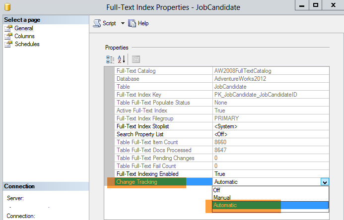 sql server 2012 Will a FullText Catalog with Track changes AUTO