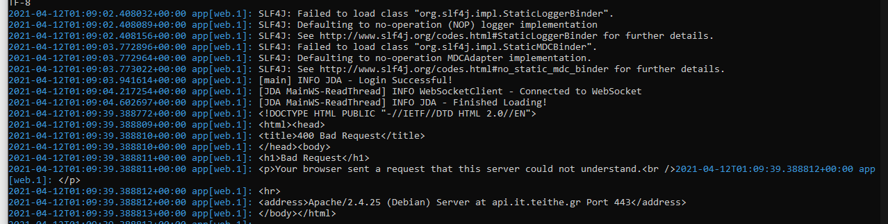 Getting 400 Bad Request from Heroku from my Discord jda Bot. Works fine