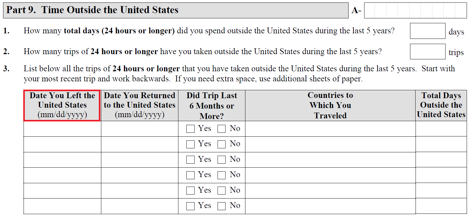 N400 Application for US Naturalization In the travel history, what
