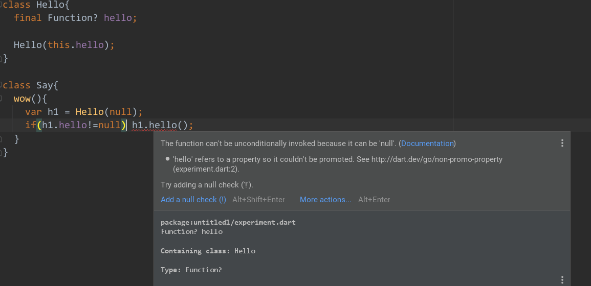 dart null checking why do i have to use a null check operator