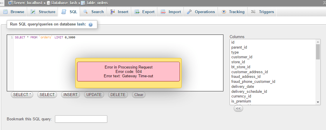sql 504 Gateway Timeout error while selecting 300,000 rows from MySQL