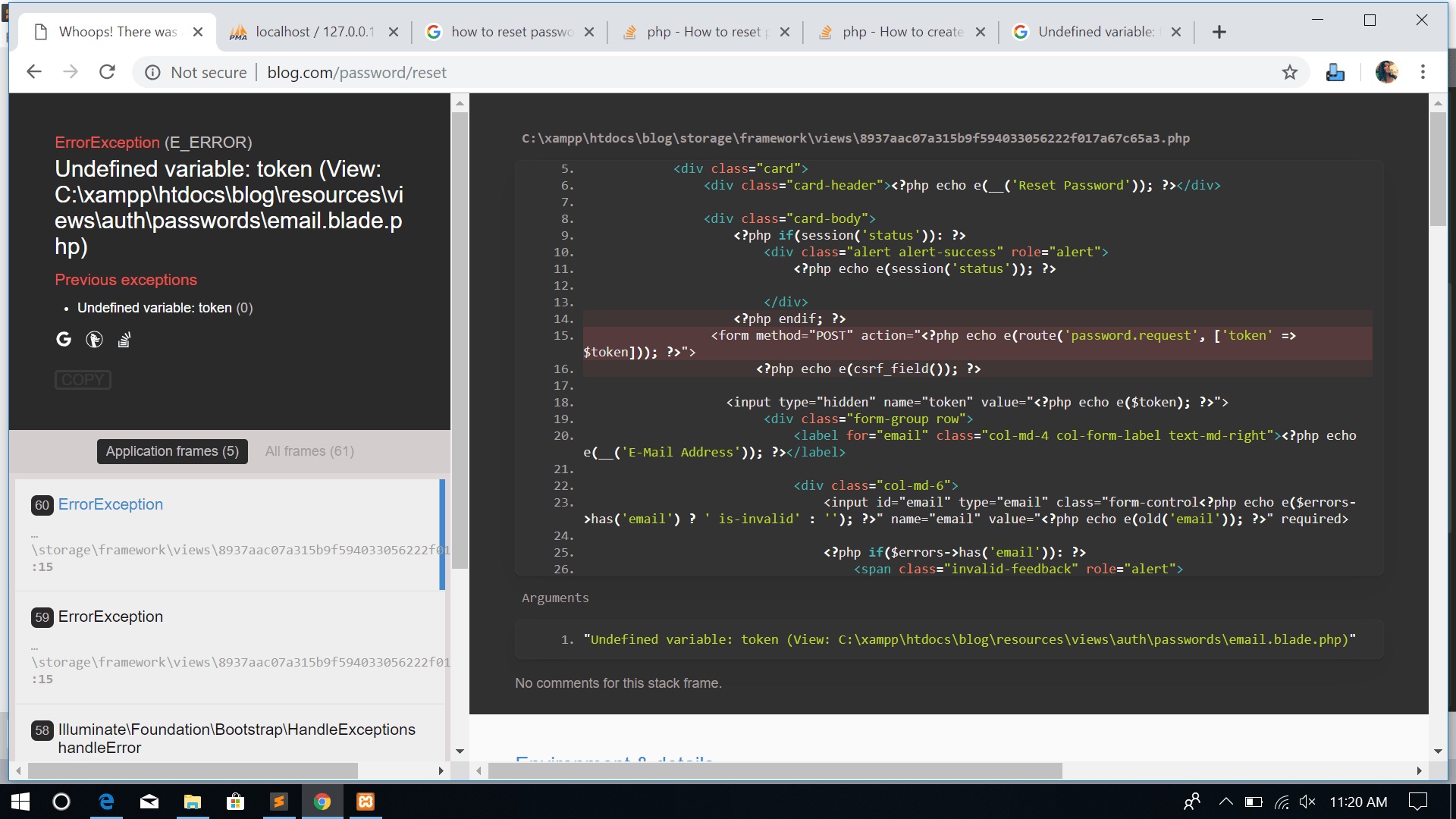 laravel how to define Undefined variable token (View C\xampp
