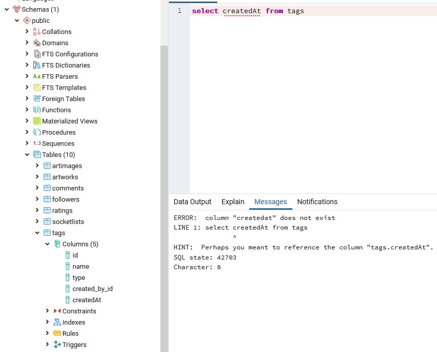 postgresql createdAt in postgres table "do not exist" in