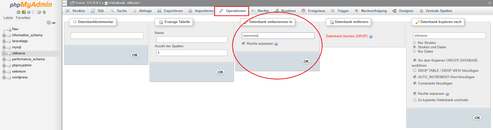 sql How to rename database using phpMyAdmin tool? Stack Overflow