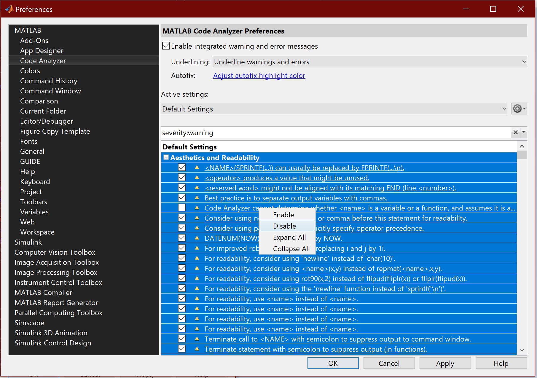 matlab Turn off all code analyzer warnings in the IDE Stack Overflow