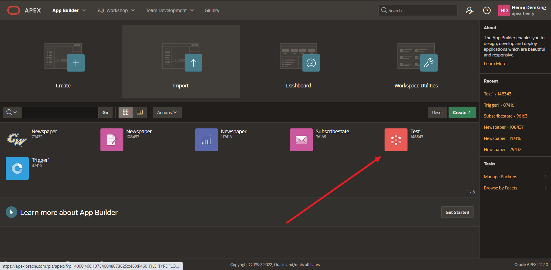 how to solve the error 'ORA04091 table WKSP_APEXHENRY.TEST1 is