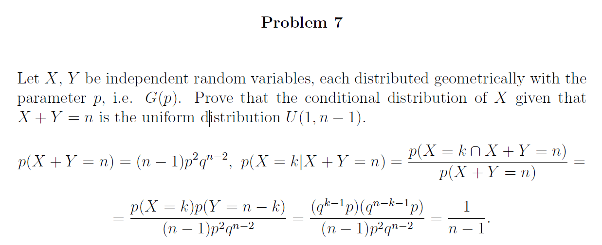 probability X,Y distributes geometrically, calculate P(X+Y=n