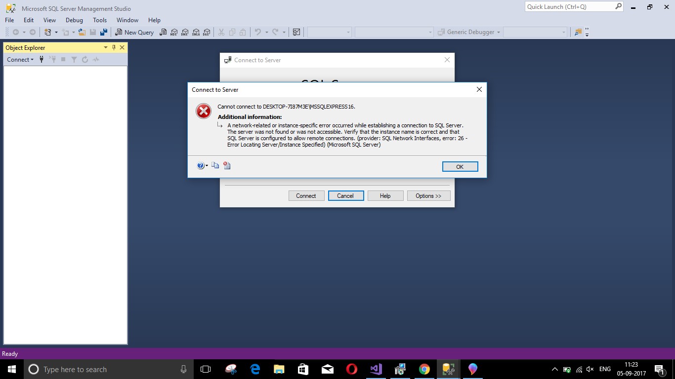 ssms SQL SERVER MANAGEMENT STUDIO 17 Unable to connect to sqlserver