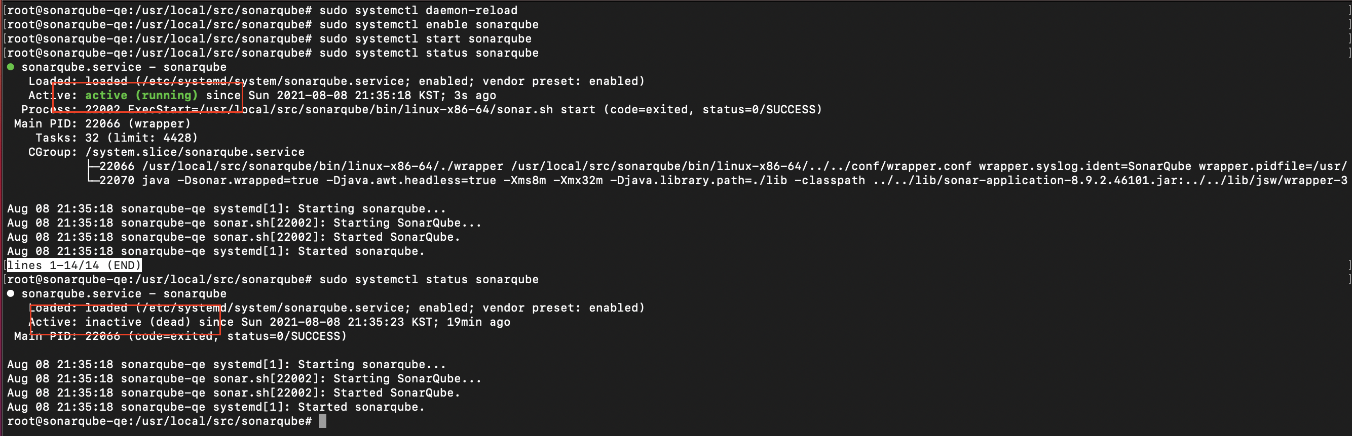 linux sonarqube service file soon die / Active inactive (dead