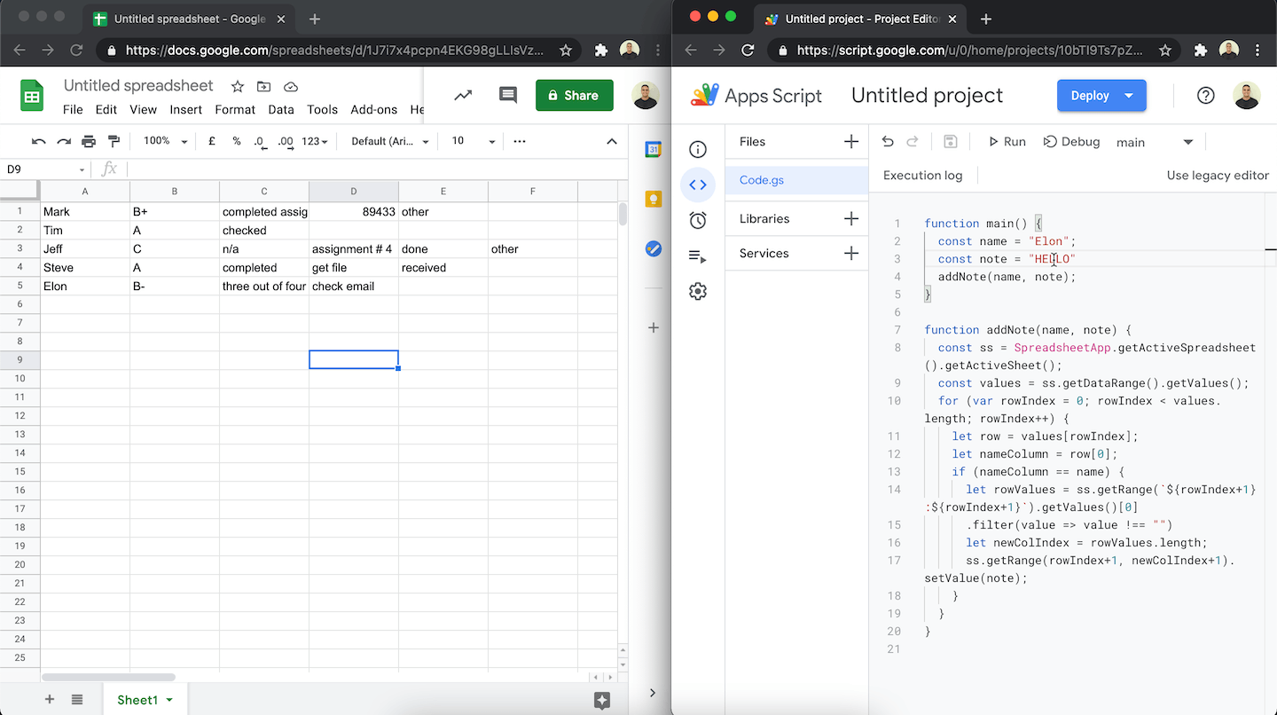 Google Sheets add a note by appending column based on matching value