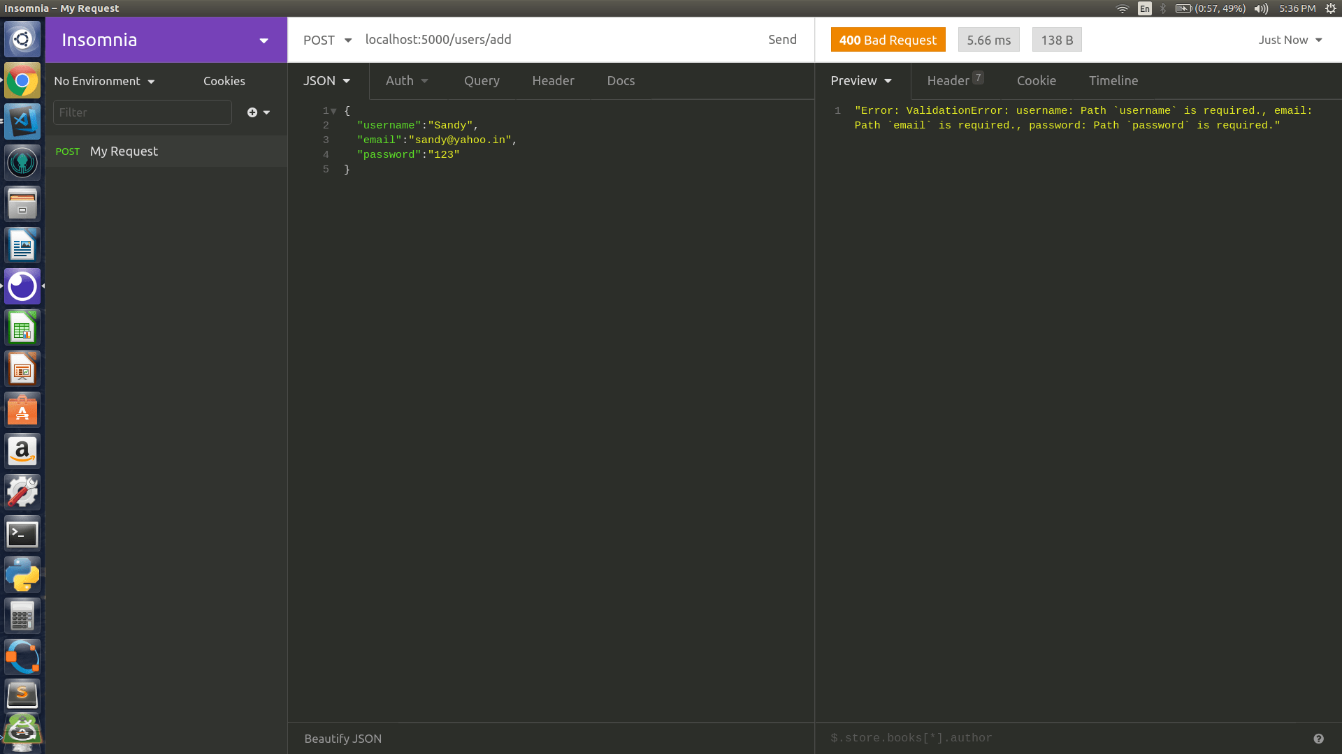 javascript "Error ValidationError username Path `username` is