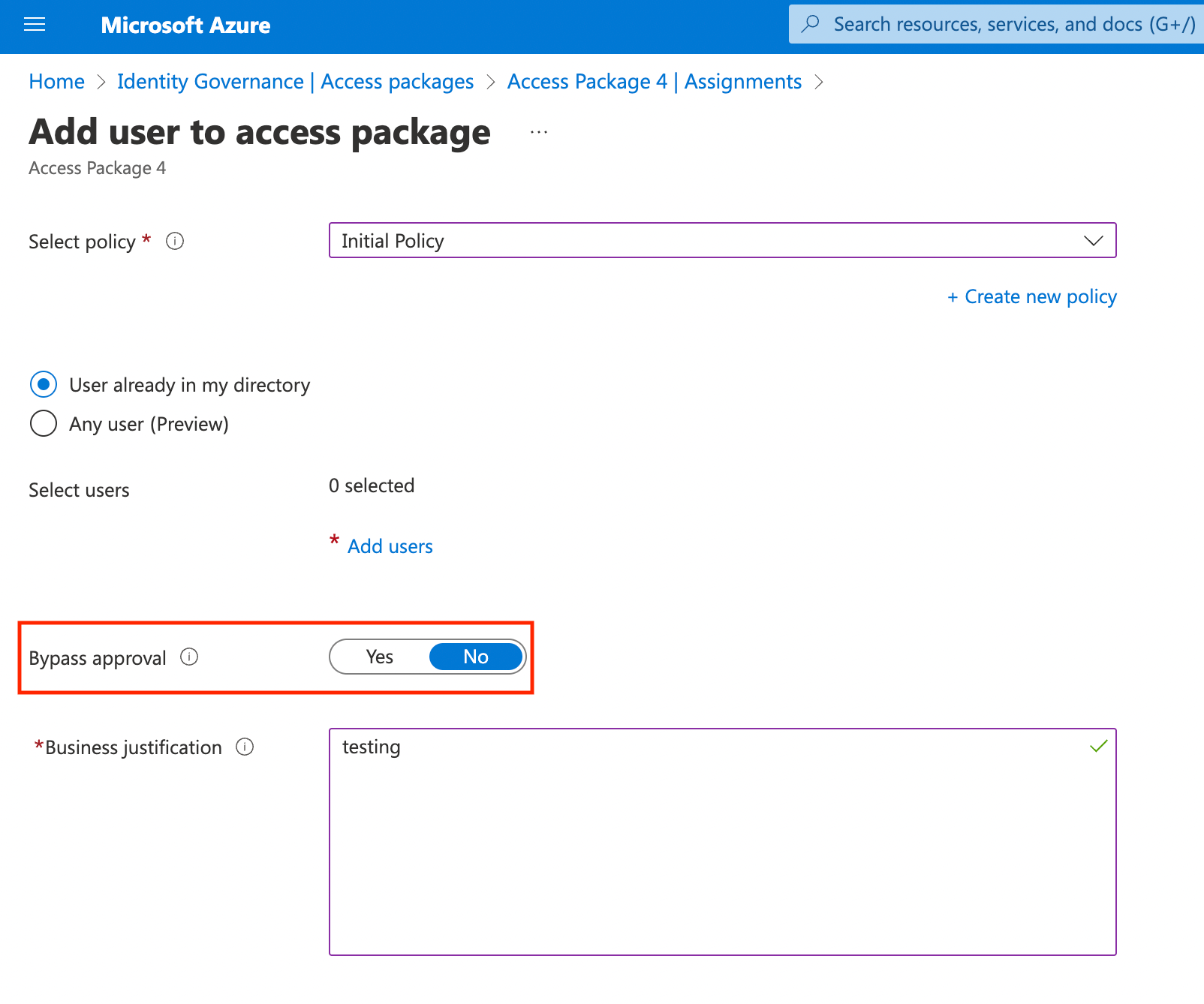 microsoft graph api Azure Access Package direct assignment with