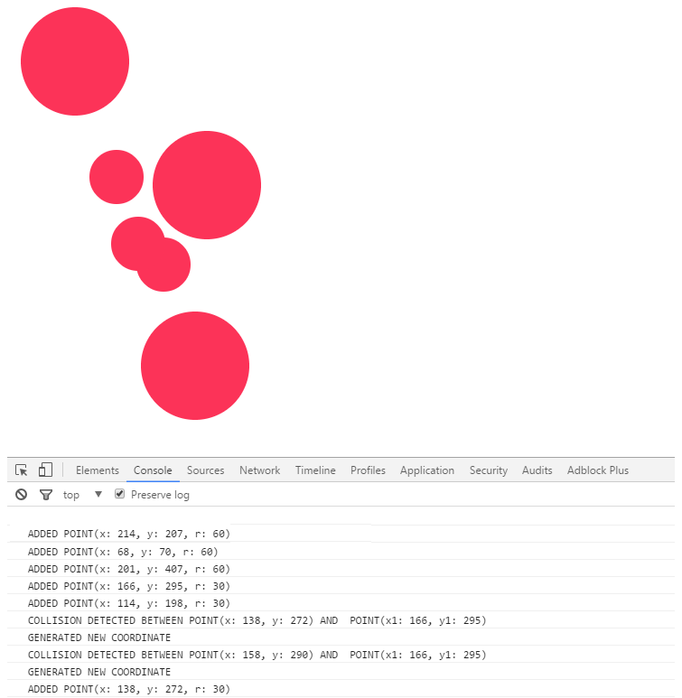 geometry Collision detection circles using recursion in JavaScript
