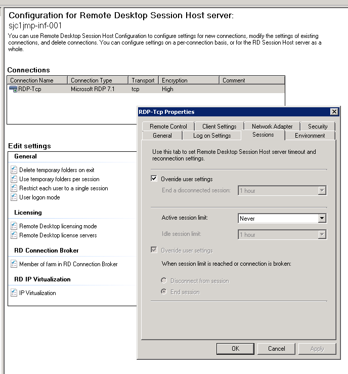 windows server 2012 r2 RD Session Host 2012R2 Session settings set