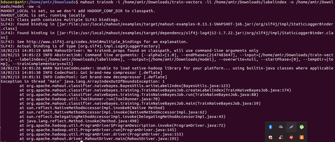 linux getting error while running this command mahout trainnb i path