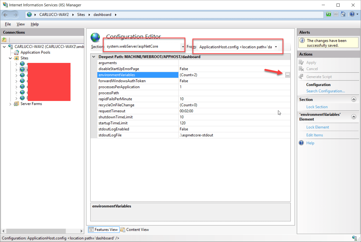How to set environment variables per site on IIS using
