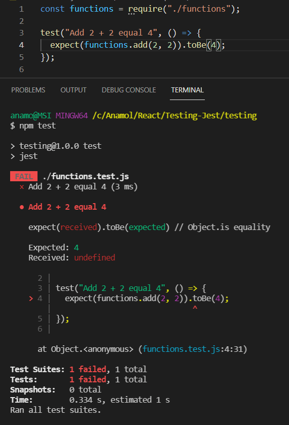 javascript Test case failed in Jest with " expect(received).toBe