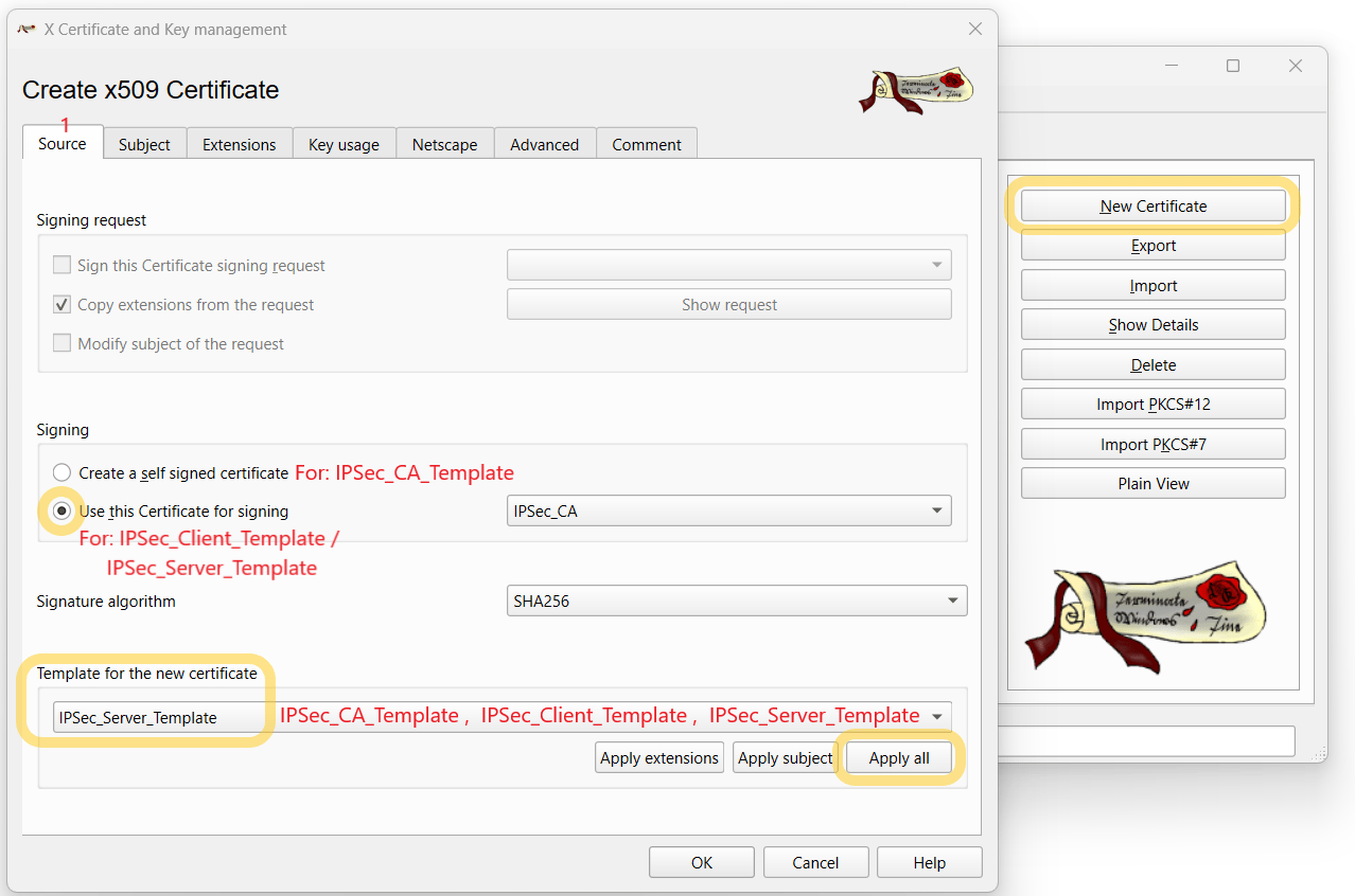 windows How to create CA + 2 Certificates *with XCA* For Hostto