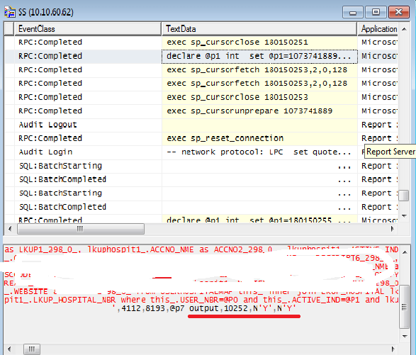 Where can I find parameters of the query in SQL Server Profiler