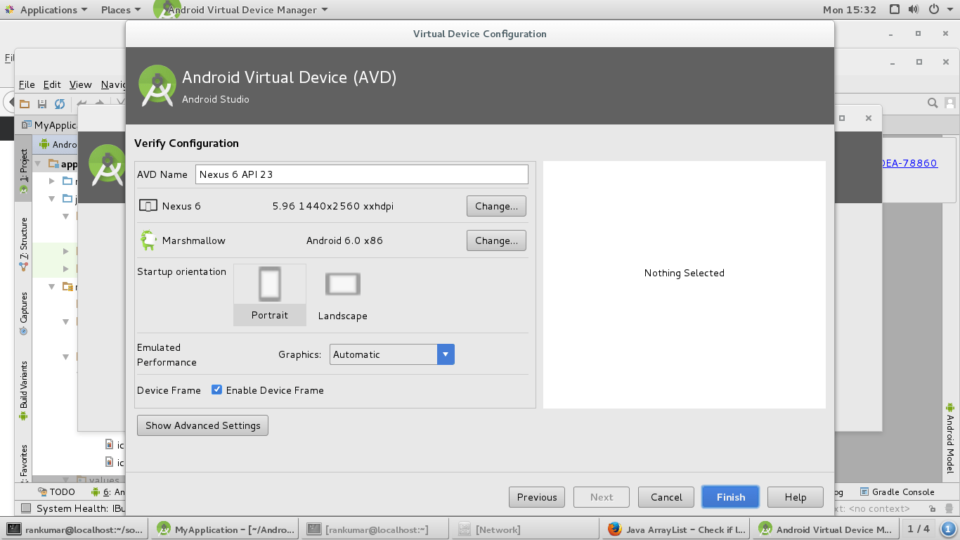 centos7 Android studio AVD manager throwing nothing selected Stack