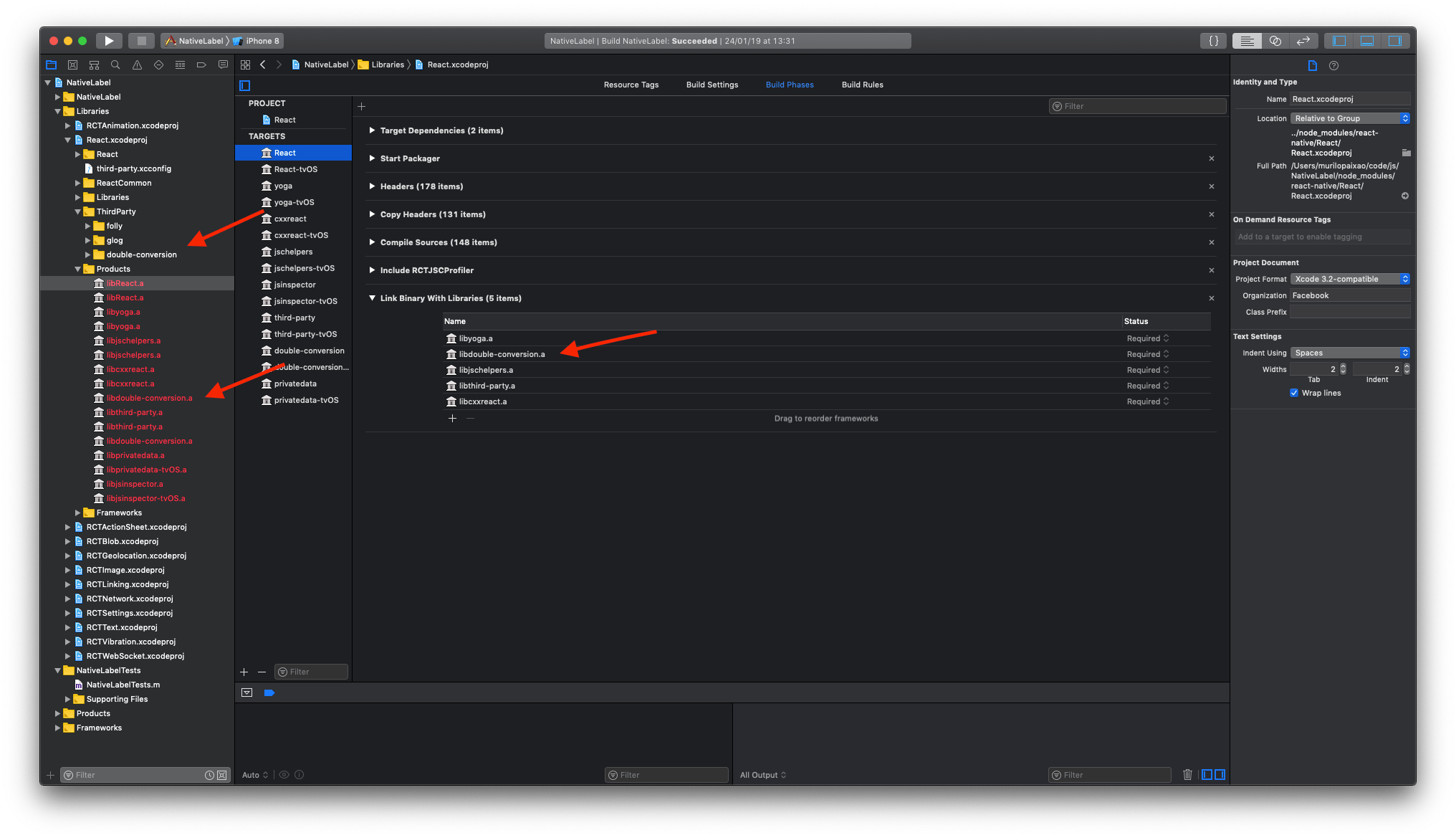ios ld library not found for lDoubleConversion React