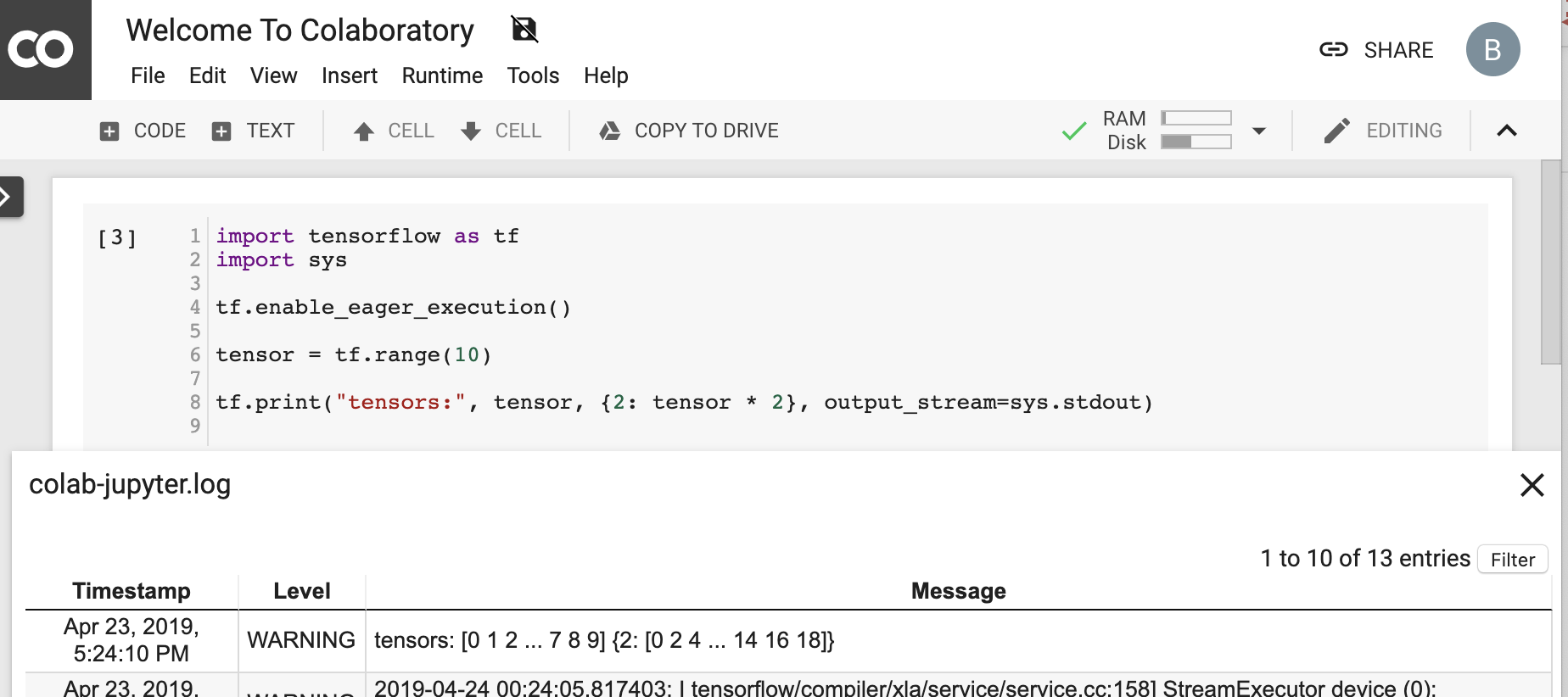 google colaboratory How to get kernel's console output in Colab