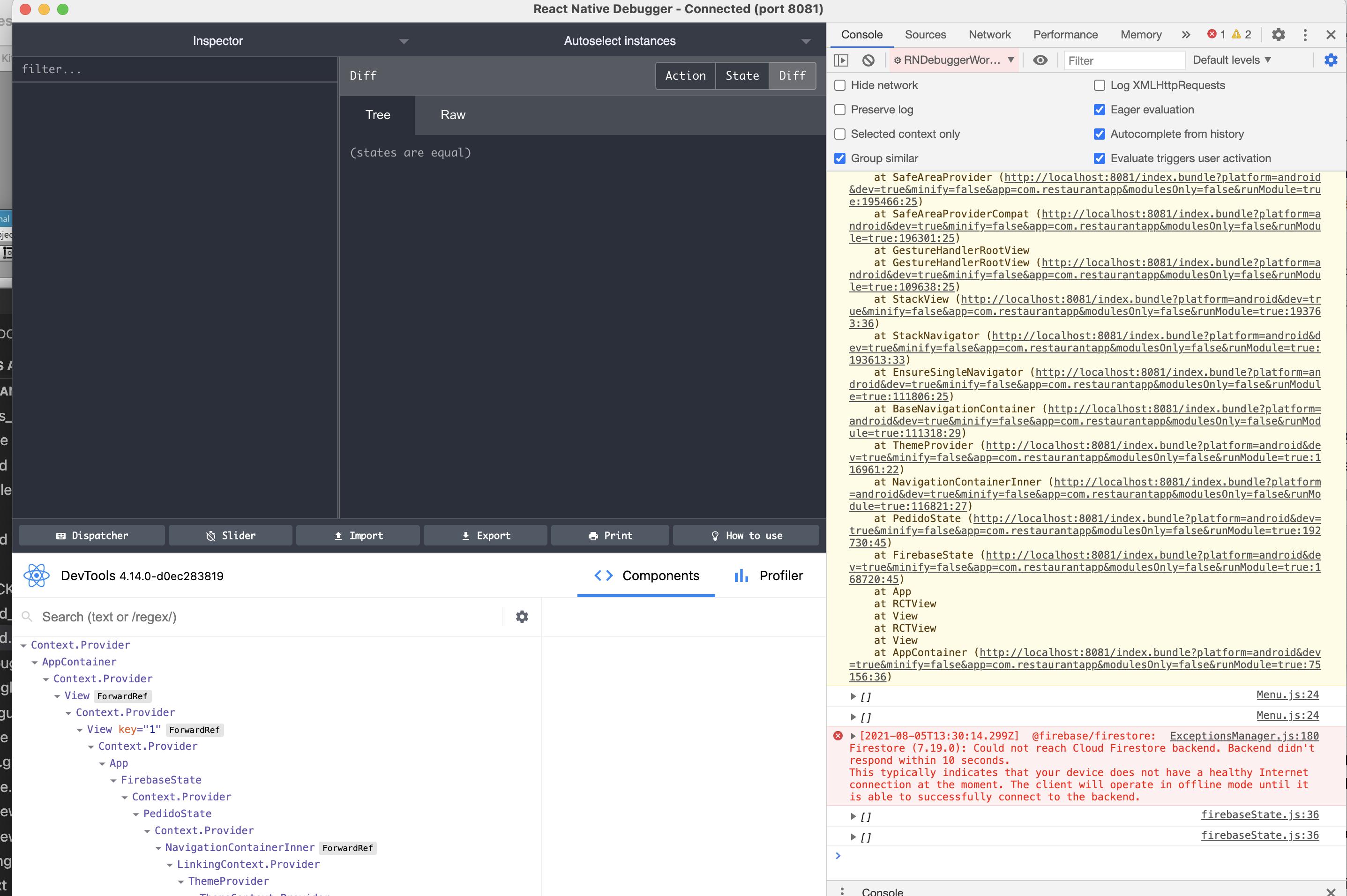 Unable to bring Firebase database to application. Could not reach Cloud