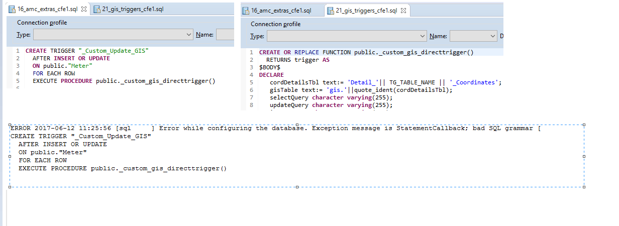 java Getting errors while creating trigger function from .sql file in