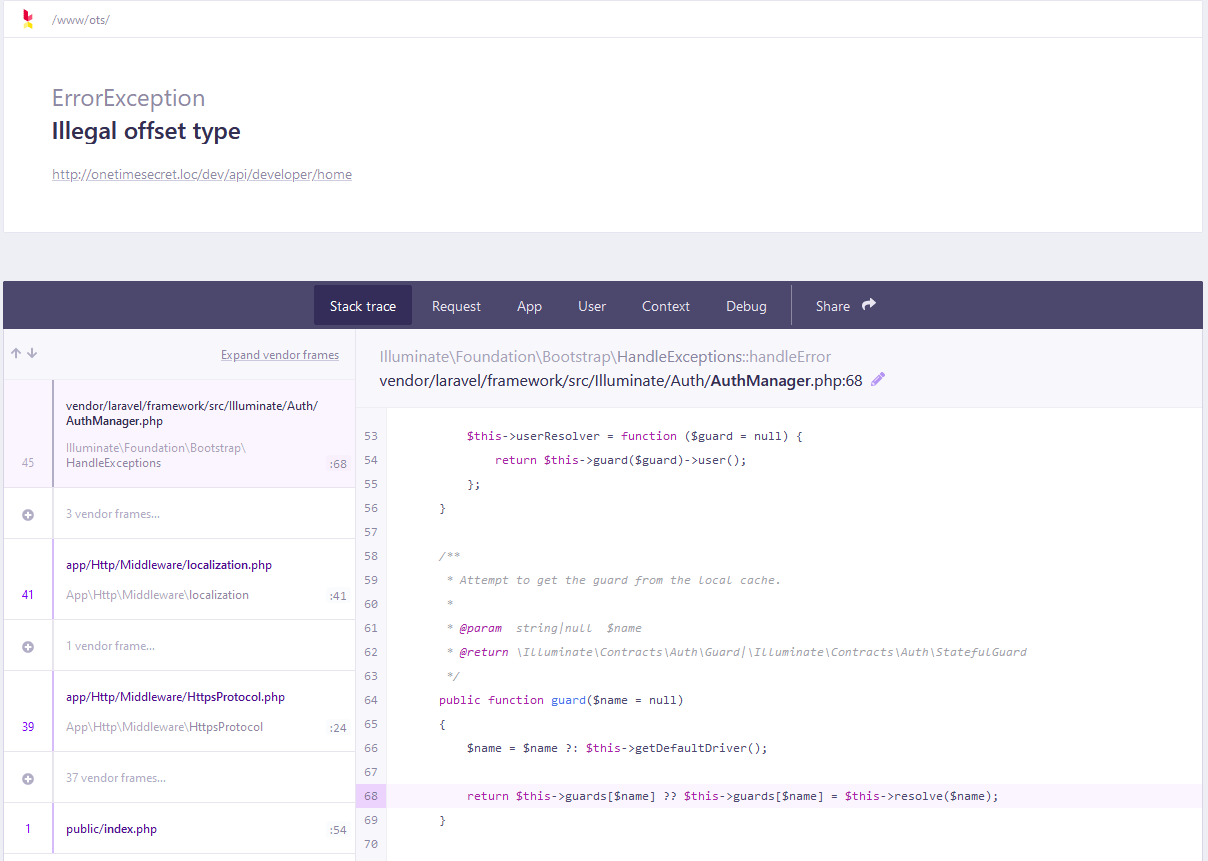 php Laravel auth middleware throws illegal offset type exception