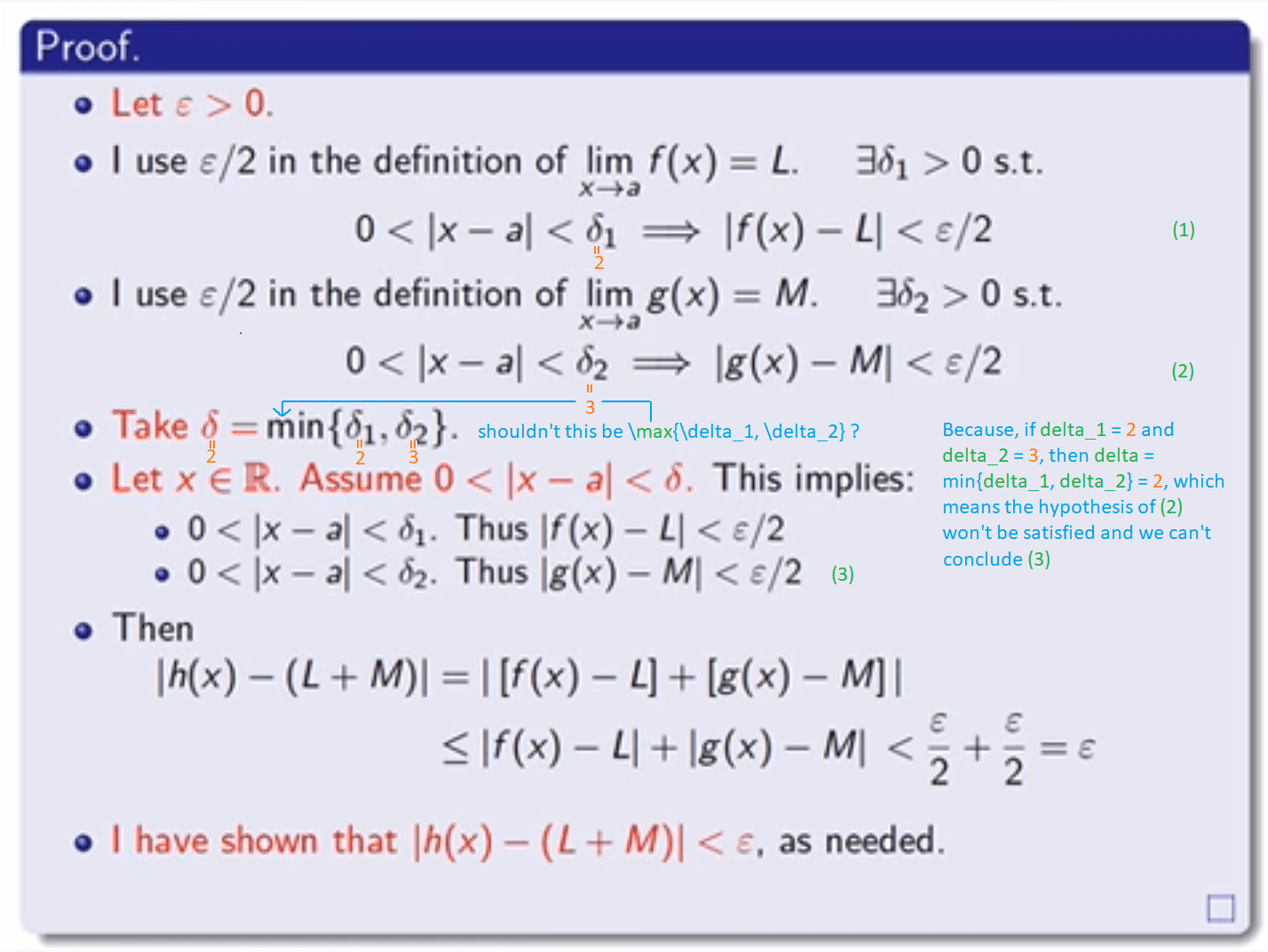 calculus Is there an error in this epsilondelta proof of the limit