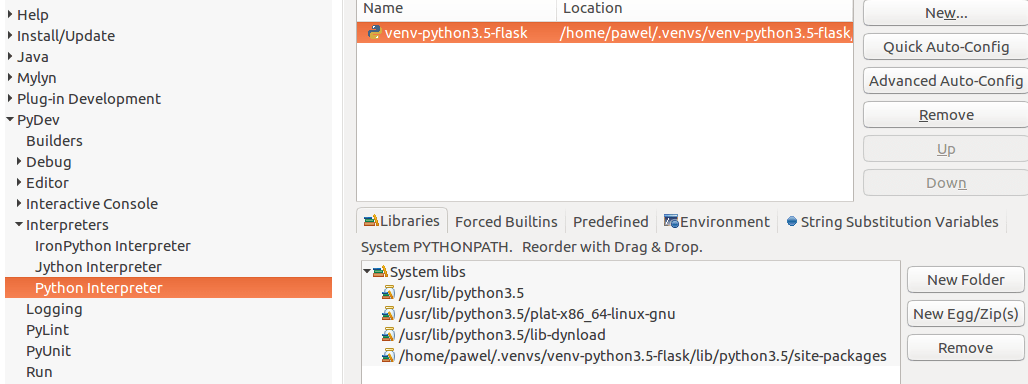 pydev running python flask project (on venv) in eclipse prompt
