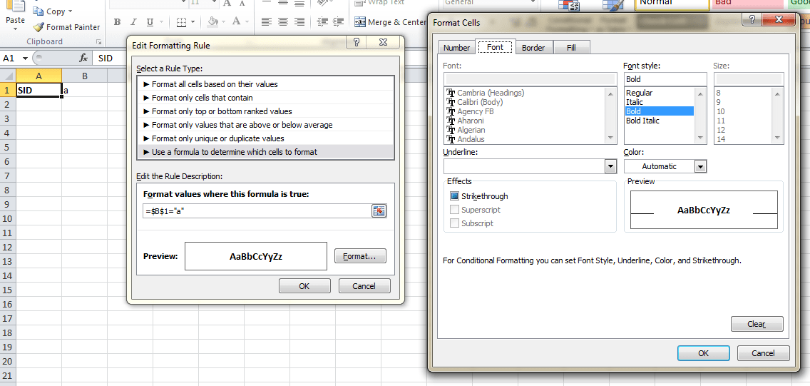microsoft excel Format Text Bold based on the value of a cell Super