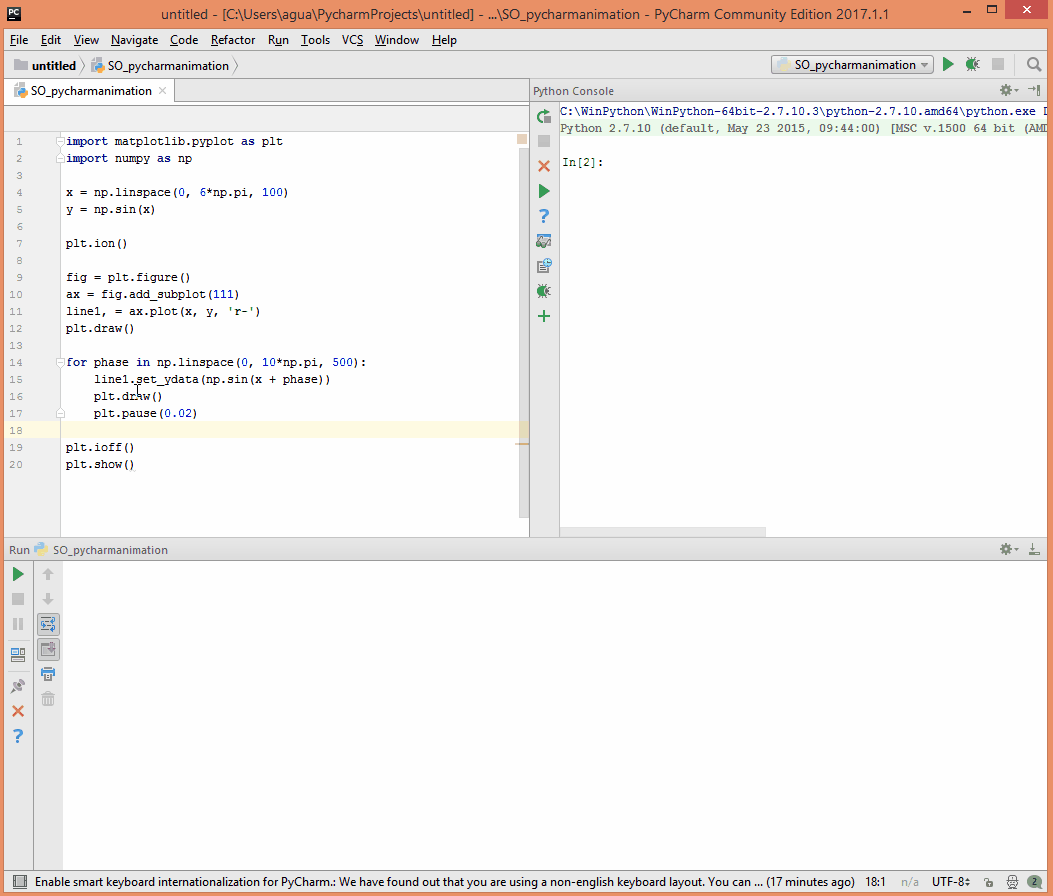 python Matplotlib animations do not work in PyCharm