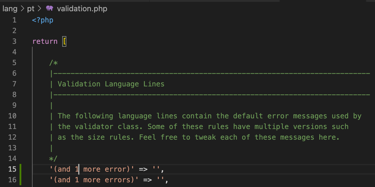 How to translate Laravel "hardcoded" string "(and 1 more error)", using