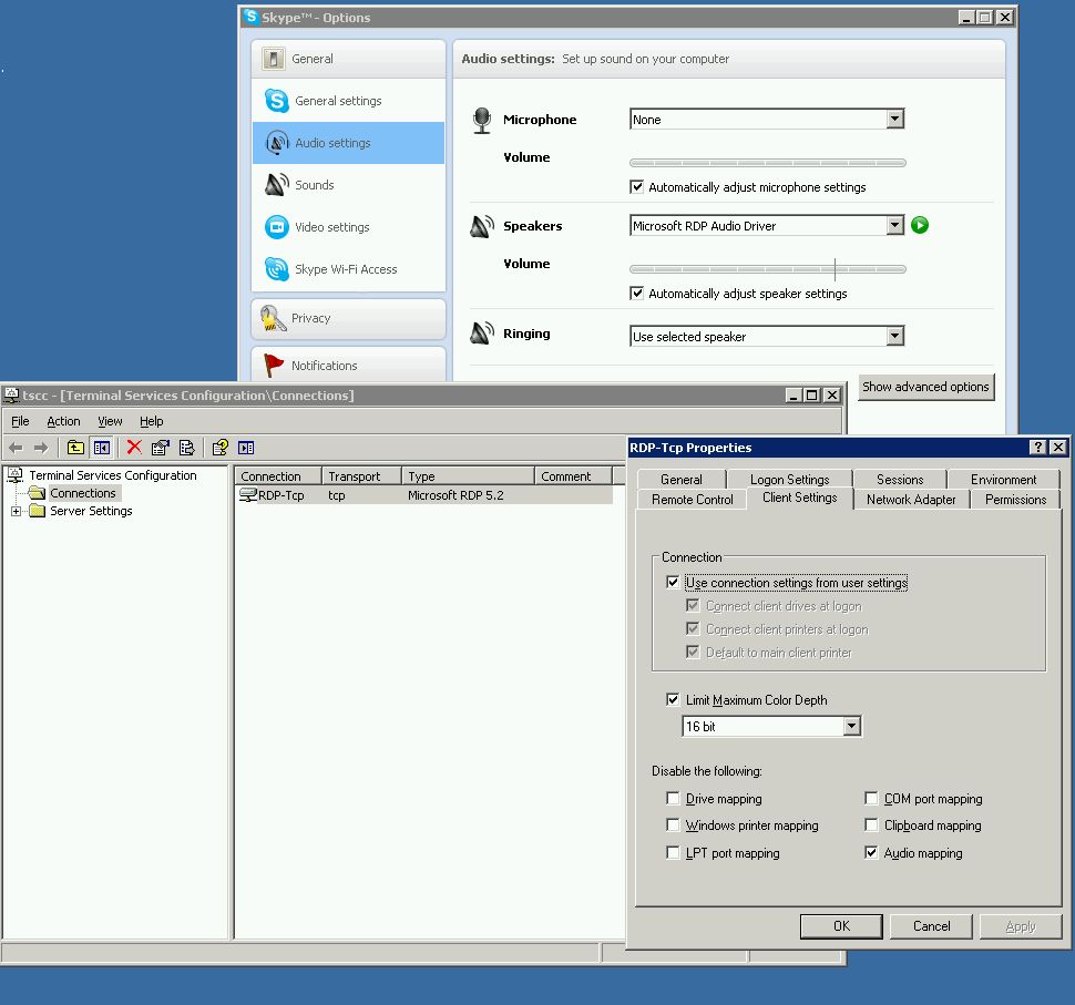 Skype call via RDP on terminal server windows server 2003 Server Fault