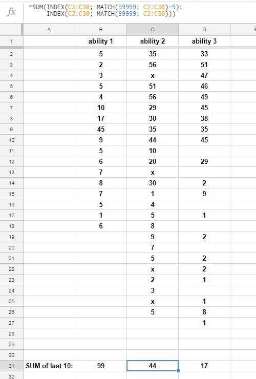 google sheets Sum of the values of the 10 cells above me? Web Applications Stack Exchange