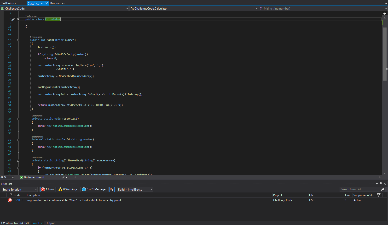 c CS1519 Error within string calculator kata tdd Stack Overflow