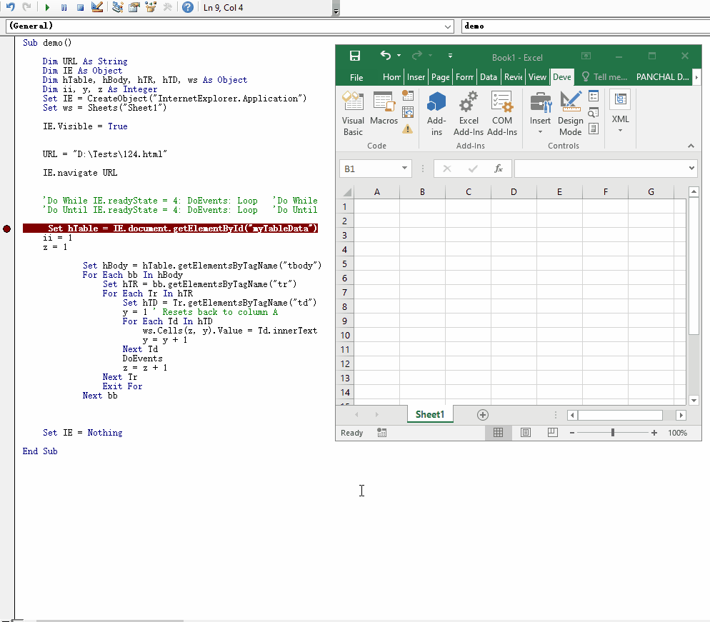javascript View and access DOM Explorer code in excel vba Stack Overflow