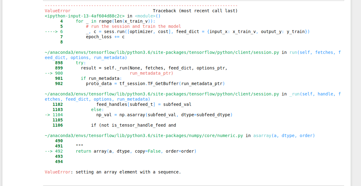 python Tensorflow, ValueError setting an array element with a