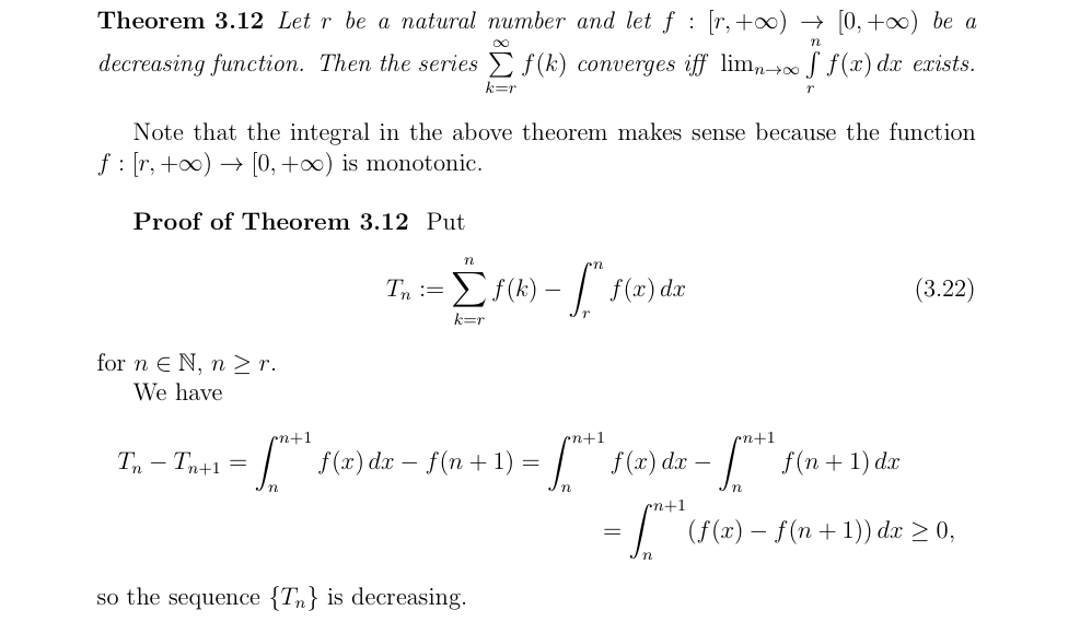 real analysis Integral test for convergence proof Mathematics Stack