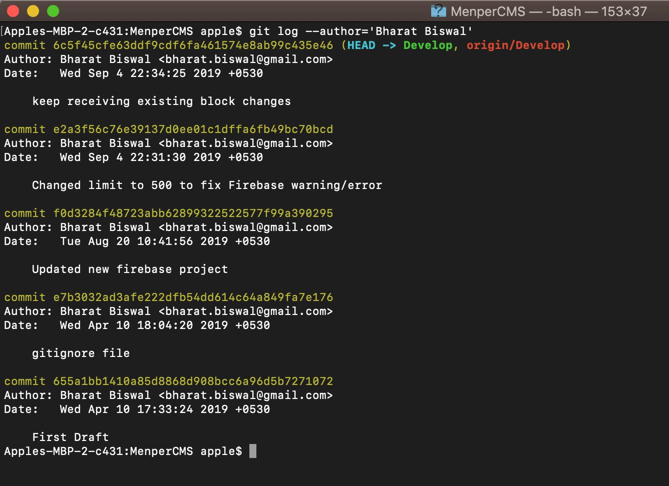 git log How to get the history of commit messages for a given author